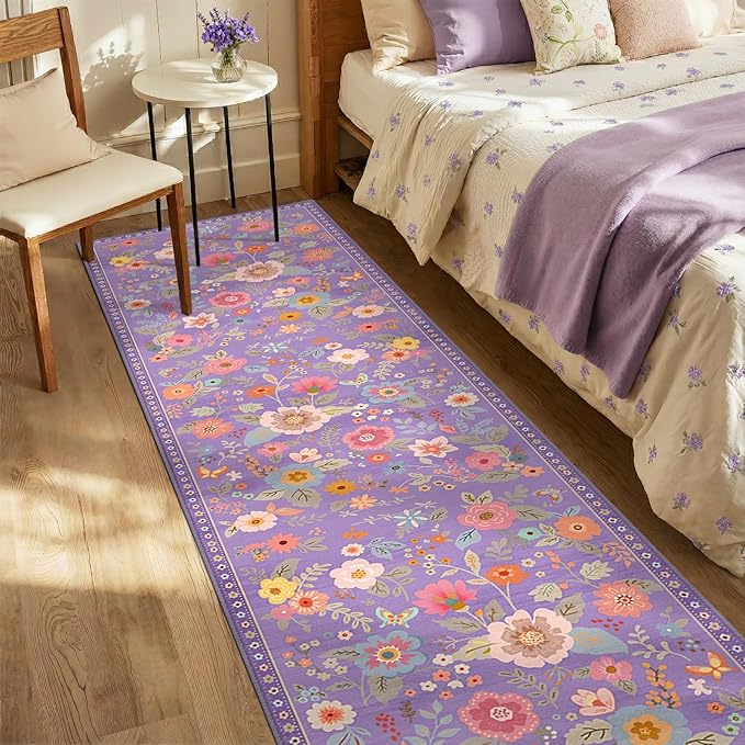 RELEANY Floral Nursery 2x10 Area Rugs Washable Print Boho Cute Carpet Non Slip Flower Low Pile for Living Room Kids Girls Playroom Bedroom Kitchen Office Farmhouse-Purple/Pink/Multi