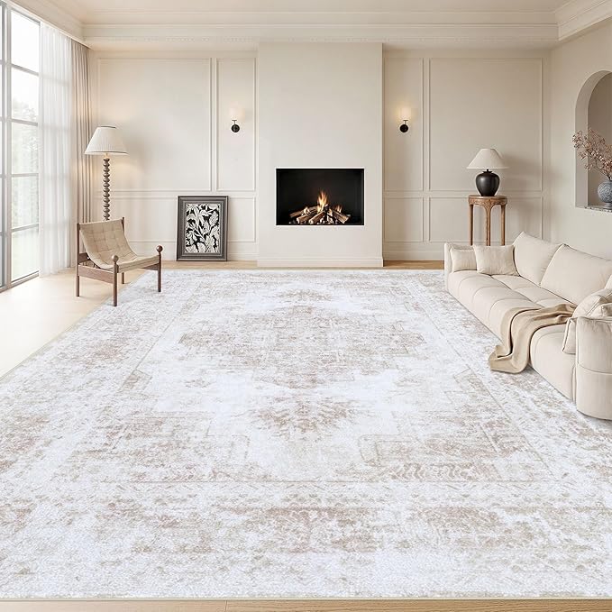 XLUEZ Area Rug 9x12 Living Room Rug, Machine Washable Vintage Distressed Medallion Rug Non-Slip Soft Low Pile Large Indoor Rugs for Bedroom Kitchen Dining Room Office(Beige,9'x12')