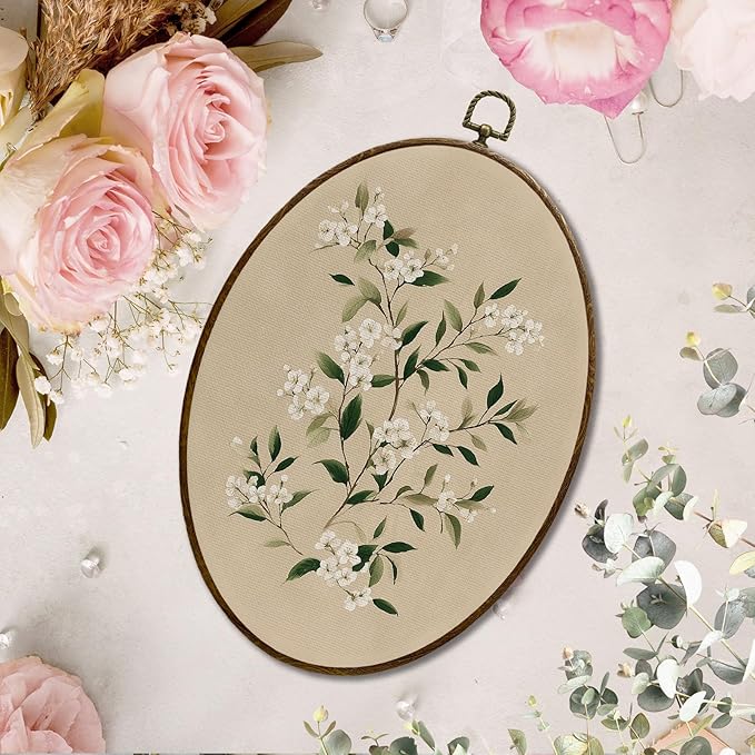JQF Vintage Floral Jasmine Oval Wall Art, Cottagecore Botanical Oval Canvas Wall Art, Rustic Floral Framed Prints Hanging Decor for Home Bedroom Living Room, 8.5x11.5 Inch