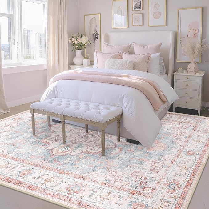 CAPALOCA Machine Washable Rugs Nursery Rug 8x10 Cute Girl Non Slip Low Pile Water Repellent Soft Print Pattern for Bedroom Indoor Decor Kids Playroom Pink Blue