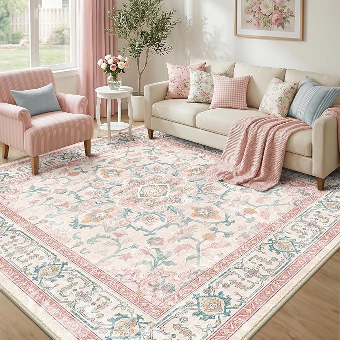 CAPALOCA Machine Washable Rugs Nursery Rug Sq8ft Cute Girl Non Slip Low Pile Water Repellent Soft Print Pattern for Bedroom Indoor Decor Kids Playroom Pink Teal