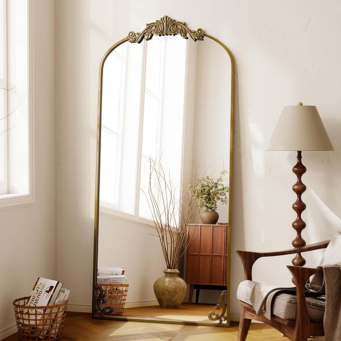 GLSLAND 32"x71" Vintage Full Length Mirror,Large Carved Arched Full Body Mirror with Metal Frame for Bedroom/Living Room/Entryway,Gold