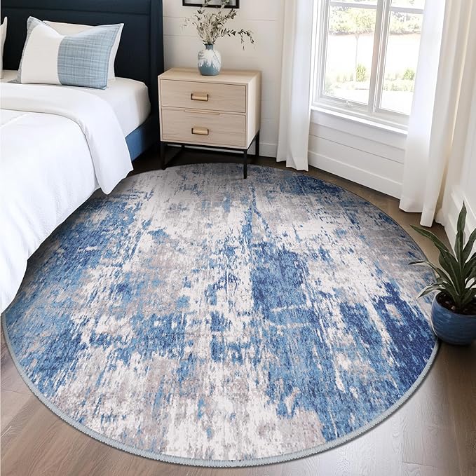 RELEANY Washable Area Rugs 8ft Non-Slip Modern Abstract Soft for Living Room Entryway Bedroom Nursery, Print Pattern, Blue Grey Navy Gray