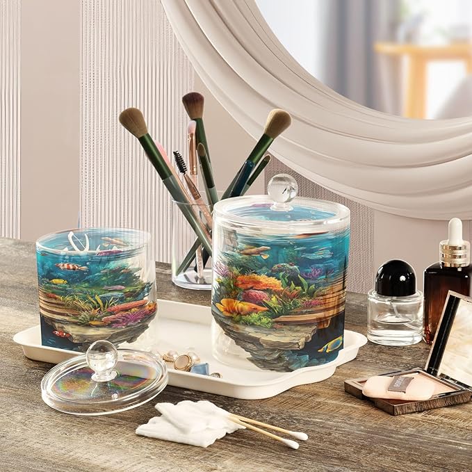 3d Hole White Wall Underwater Scenery Clear Plastic Makeup Organizer Storage with lid Bathroom Essentials Decorative Dental floss storage jar for Cotton Swabs,Cotton Pads,Floss Picks,Paper