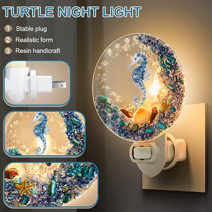 Hortsun Plug in Seashell Night Light Ocean Sea Animal Decorative Night Light Plug in Beach Lamps Vintage Ocean Lamps for Adult for Home Bedroom Living Room Bathroom Wall(Sea Horse)