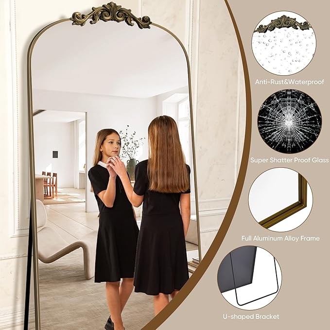 Antok Arched Full Length Mirror, 72"x44" Floor Mirror with Carved, Full Body Mirrors for HomeDecor, Standing/Halling Large Wall Mirror for Bedroom, Living Room, Cloakroom, Bronze, Retro Style
