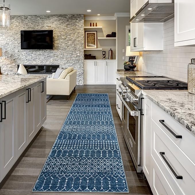 Lahome Moroccan Washable Runner Rug 2x10, Non Slip Hallway Runner Rug 10 Ft Ultra-Thin Kitchen Runners Non Skid, Soft Modern Geometric Print Carpet Runners for Entryway Stair Hana, Blue