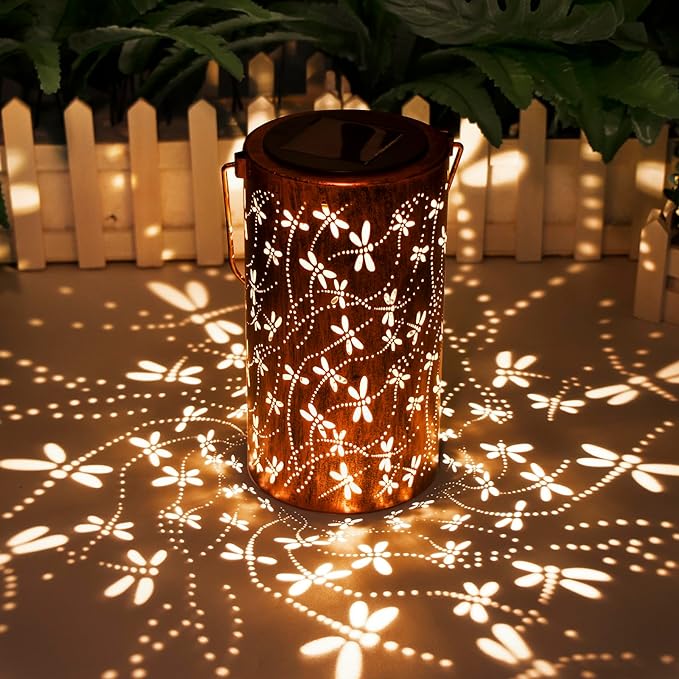 DIBIEECN Mothers Day Gifts for Mom, Birthday Gifts Grandma Ladies Solar Lanterns Outdoor Hanging Hollowed-Out Metal Waterproof LED Garden Decor Outside for Patio Yard Porch, Dragonfly, 1 Pack