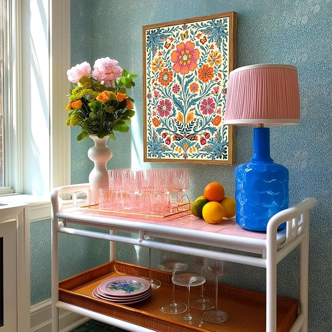 Framed Vintage Mexican Floral Canvas Wall Art, Colorful Folk Flower Wall Decor Pictures, Boho Botanical Painting Prints Rustic Home Decor for Living Room Bedroom 16x24 inch