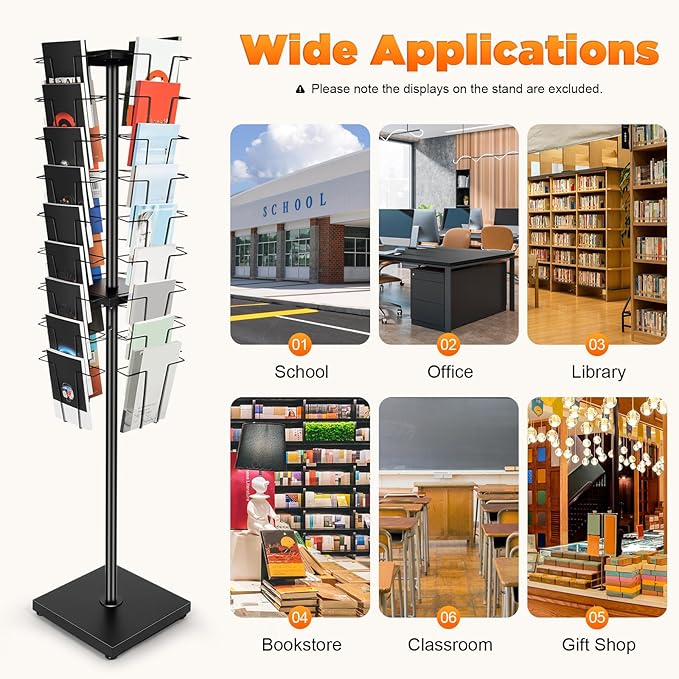 360°Rotating Shelf, 36 Pockets Metal Rotated Organizer Stand Magazine Rack 36 Pocket Rotating Magazine Rack 132.3lbs Load Capacity for Display In Offices, Audiovisual Stores, schools