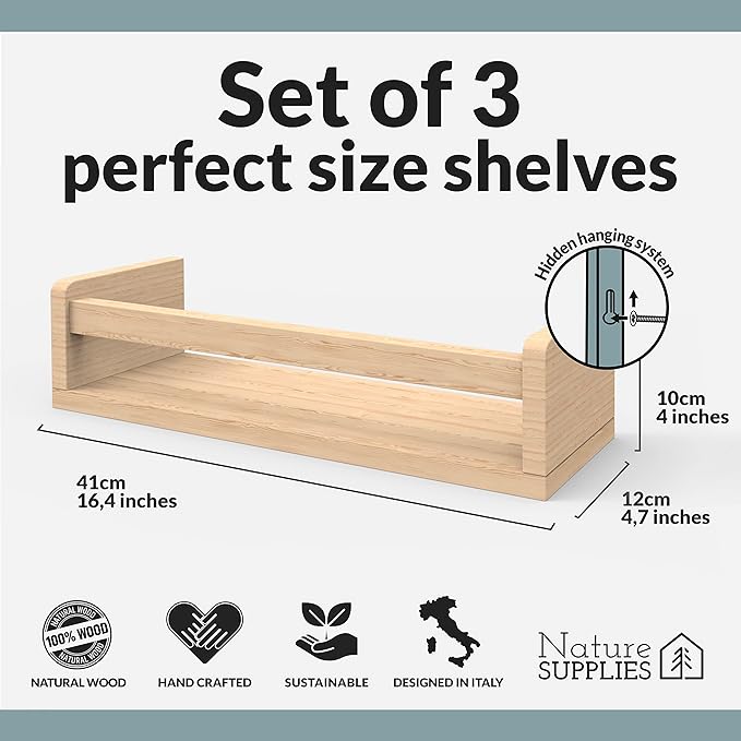 NATURE SUPPLIES Nursery Book Shelves, Set of 3 Floating Bookshelves for Wall for Nursery Decor & Playroom Decor, Bookshelf Kids, Baby Book Shelf Organizer (Natural Wood)