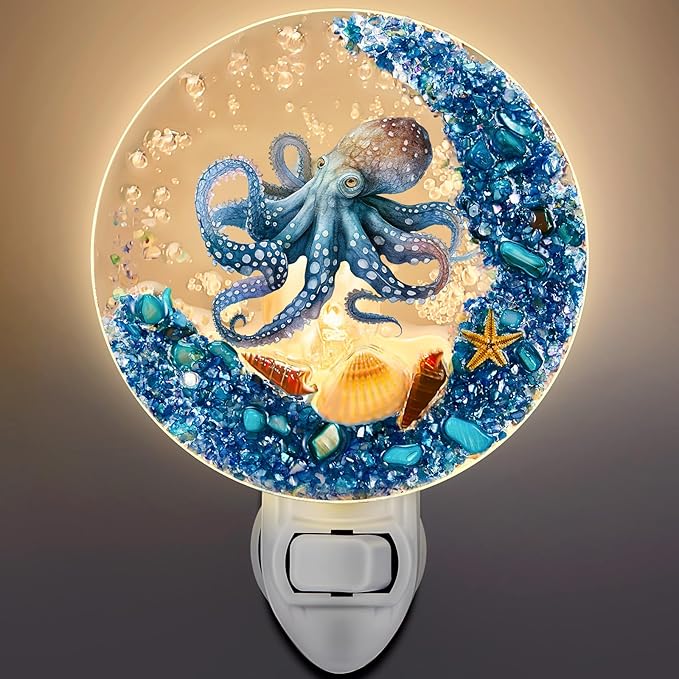 Hortsun Plug in Seashell Night Light Ocean Sea Animal Decorative Night Light Plug in Beach Lamps Vintage Ocean Lamps for Adult for Home Bedroom Living Room Bathroom Wall(Octopus)