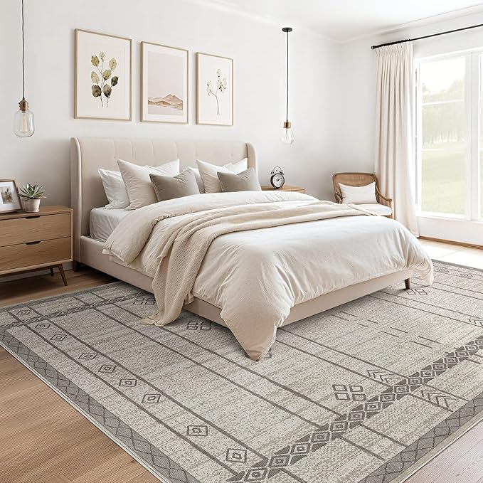 cotiled 6x9 Area Rug Living Room: Washable Boho Rugs with Non Slip Backing Large Soft Indoor Stain Resistant Carpet for Bedroom Farmhouse Dining Room Lightweight Home Decor Grey Brown