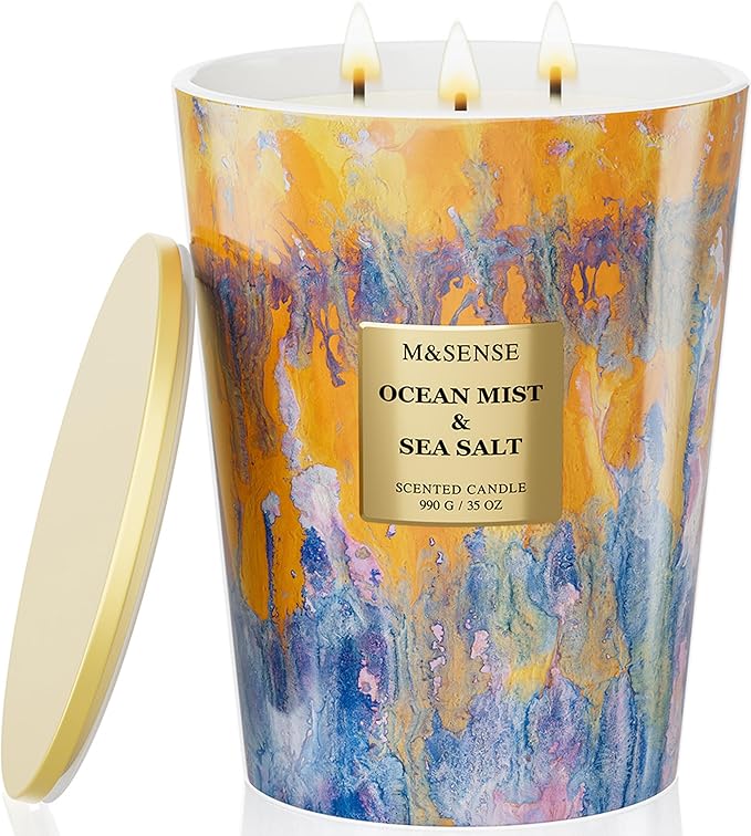 M&SENSE Large 3-Wick Ocean Scented Soy Candle, 35oz 150 Hours Non-Toxic, Fresh Spring Spa Home Fragrance, Decorative Relaxing Candle for Home Decor