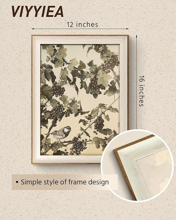 VIYYIEA Framed Wall Art for Living Room, Vintage Bird on Berry Branch Canvas Prints, Antique Botanical Home Decor, Nature Theme for Kitchen Bedroom Office Hallway, 12x16 Inch