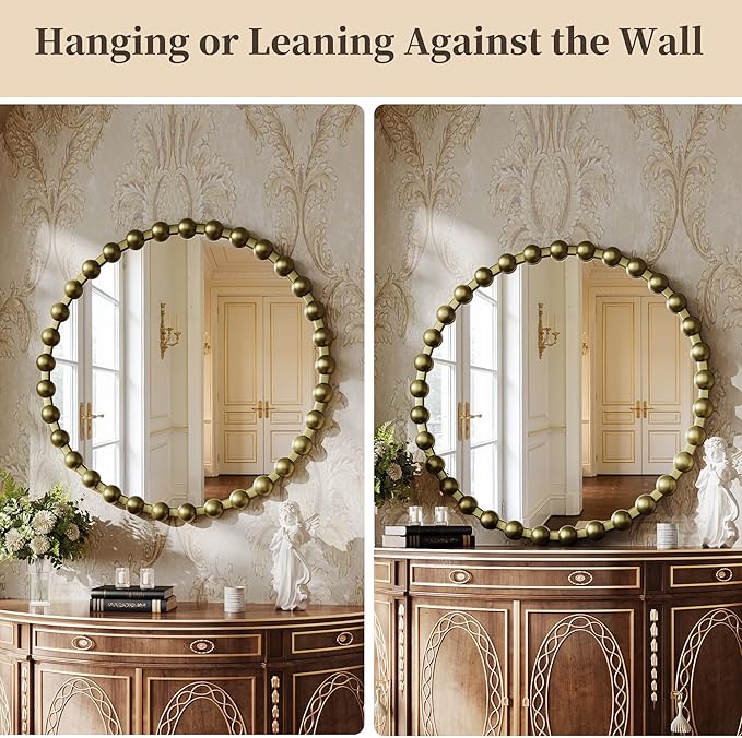 Round Vintage Vanity Mirror, 28 Inch Beaded Frame Circle Wall Mirror for Bathroom, Bedroom Dresser, Entryway, Living Room, Decorative Hanging Wall Mirror, Bronze