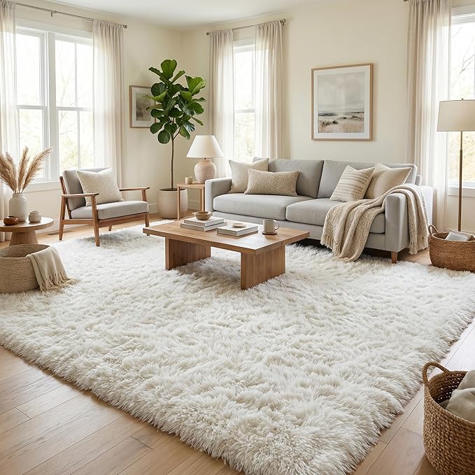 Large Area Rugs for Living Room, 7x10 Soft Fluffy Shaggy Rug, Machine Washable Non-Slip Plush Fuzzy Indoor Carpet, Aesthetic Home Decor for Bedroom,Kids Room,Nursery,Dorm, White