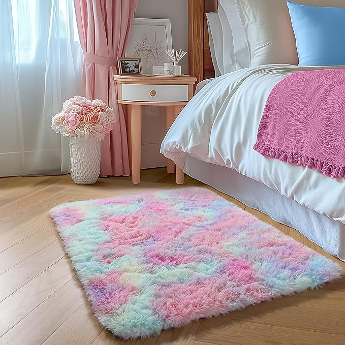 Amdrebio Rainbow 2x3 Small Area Rugs for Girls Bedroom Kids Room Decor, Pastel Colorful Rug for Playroom Preppy Dorm, Cute Unicorn Shaggy Rug for Baby Princess, Kawaii Fluffy Plush Carpet for Nursery
