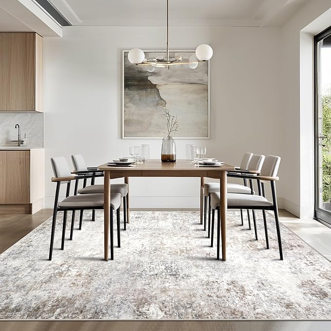 Srugn Washable Rugs 6x9 Area Rugs for Living Room,Modern Abstract Rugs for Bedroom,Large Carpets,Ultra Soft Faux Wool Retro Dining Room Rug,Non Slip&Non-Shedding Low Pile Print Rug- Beige Grey
