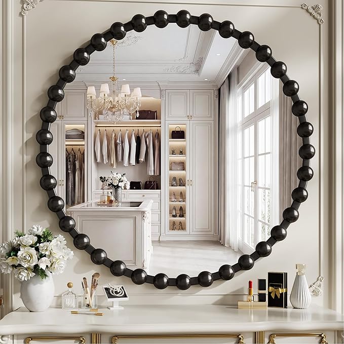 Round Vanity Mirror with Beaded Frame, 36 Inch Circle Wall Mirror for Bedroom Dresser, Entryway, Bathroom, Living Room, Decorative Hanging Wall Mirror, Black