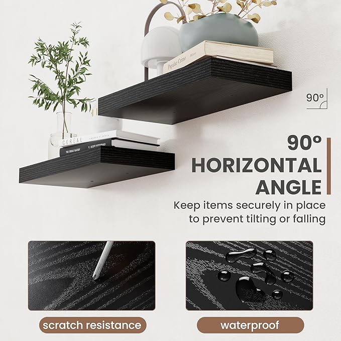 Acovy 16 Inch Floating Shelves, 8 Inch Deep Floating Shelves for Wall, Hanging Shelf with Invisible Brackets, Deep Shelves for Bathroom, Bedroom, Living Room, Black, Set of 2