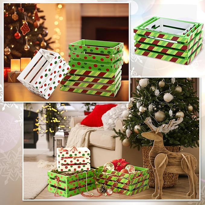 Novabright 3 Pcs Christmas Wood Crates 13'' 11'' 9'' Decorative Rustic Nesting Crate with Handle Farmhouse Wood Storage Basket Gift Boxes for Winter Display Candy Craft Pet Holiday Decor(Clean Style)