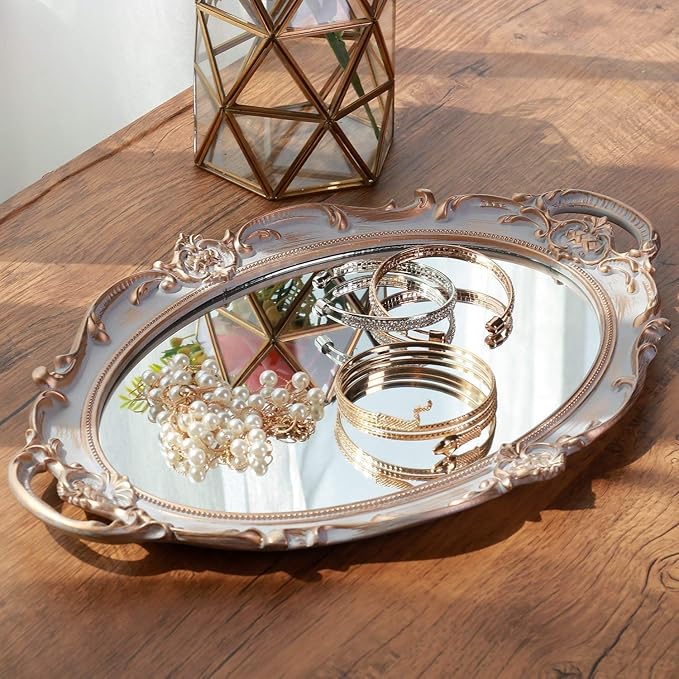 Zosenley Polyresin Ellipse Antique Decorative Mirror Tray, Makeup Organizer, Jewelry Organizer, Serving Tray, 9.8”x 14.6”, Golden Gray