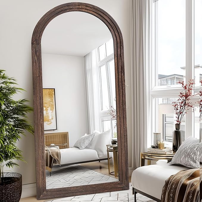 Arched Full Length Mirror 71"x32" - Rustic Brown Solid Wood Wall Mirror, Oversized Leaning or Mounted Design for Bedroom, Entryway, Living Room Décor