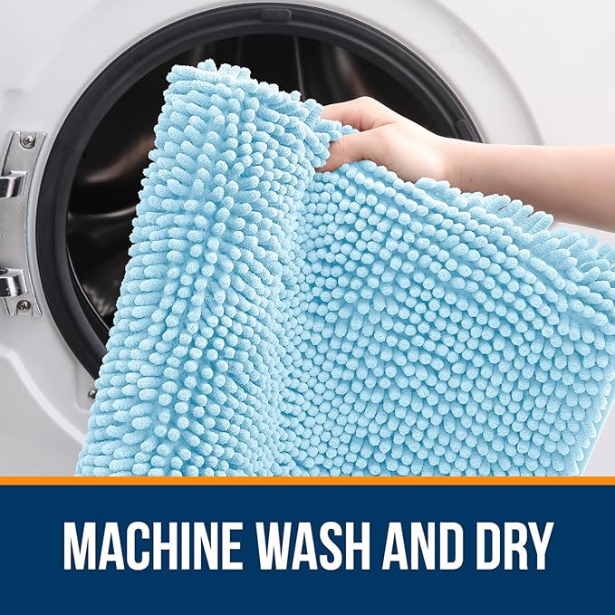 OLANLY Bathroom Runner Rugs 47x20, Soft Absorbent Chenille Bath Rugs, Rubber Backing Quick Dry, Machine Washable Long Bath Mats for Bathroom Floor, Tub and Shower, Home Decor Accessories, Sky Blue