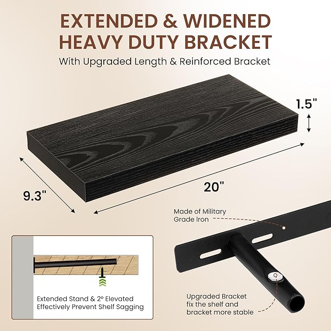 Dreamland 20 Inches Floating Shelves for Wall, 9.3" Deep Long Floating Shelves Set of 2, Large Display & Storage Shelf, Wall Shelf for Bathroom Bedroom Living Room Kitchen Office, Black