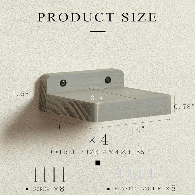 Freezing point Small Floating Shelf for Wall Set of 4 Natural Wood 4Inch Mini Wall Shelves Decor Plant Display Collectibles Mounted Kitchen Bathroom Bedroom Corner Decorative Storage Tiny Stand Grey
