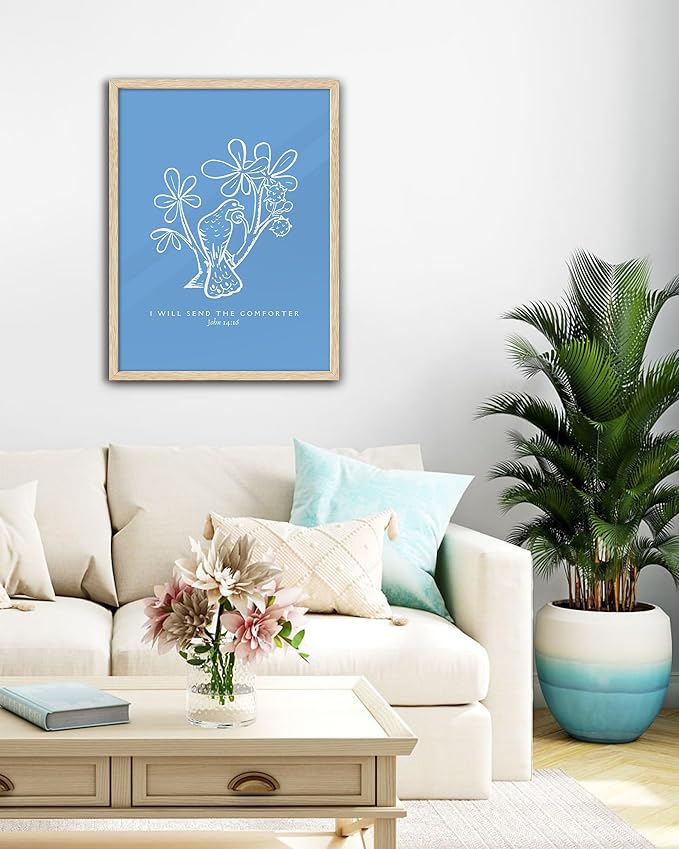 EcoHest OAK Wood Jesus Framed Wall Art, 12x16in John 14:16 I Will Send The Comforter Bible Verse Christian Wall Art, Modern Blue Bedroom Decor For Living Room Bathroom Christian Merch Gift 1Pack