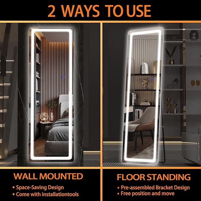 Hasipu Full Length Mirror with Lights, 56" x 16" LED Floor, Full Body Dressing Standing, Hanging Mounted Mirror, Round White