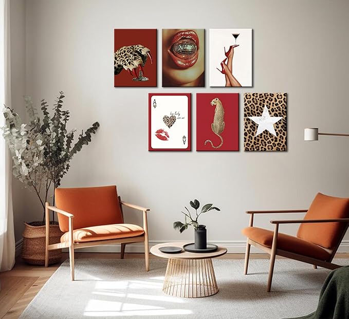 6pcs Trendy Red Fashion Leopard Wall Art Funky Lucky Wall Decor Ace Of Hearts Spades Poker Canvas Prints Vintage Room Aesthetic Pictures Posters Cheetah Painting for Girly Apartment Dorm Framed