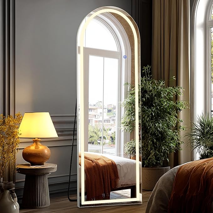 DUMOS Arched Full Length Mirror with Light-15.7×59.8" LED Floor Standing Mirror with 3 Color Lights & Wall Mounted for Bedroom, Dressing Room, Living Room, Bathroom