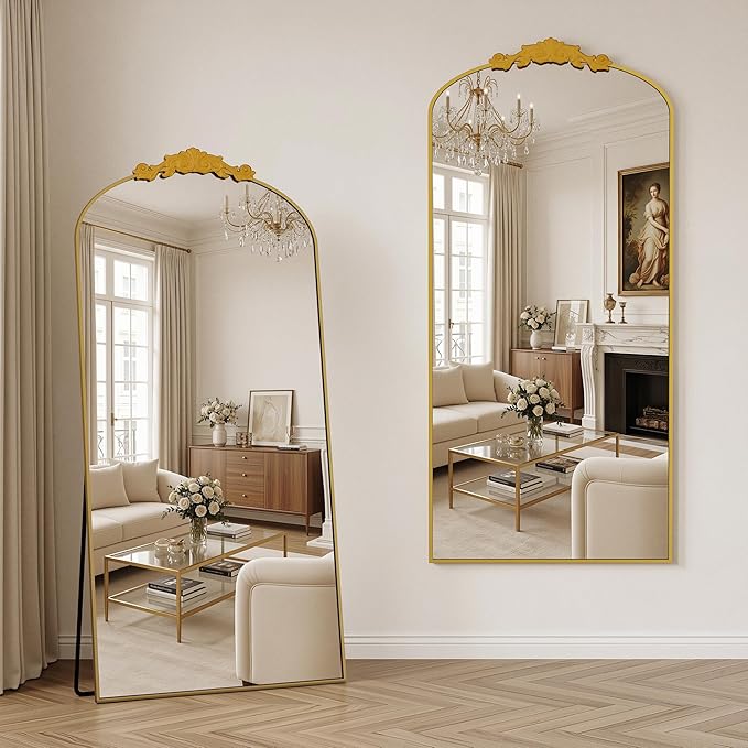 Vintage Full Length Mirror,76"x34" Arched Antique Floor Mirror with Carved Metal Frame,Large Standing Wall Mounted or Leaning Mirror for Bedroom Living Room Entryway,Gold