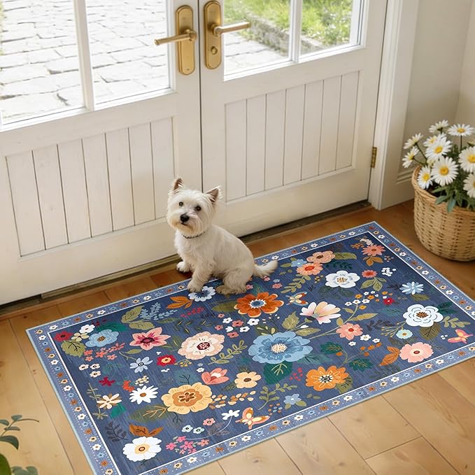RELEANY Floral Nursery 2x4 Area Rugs Washable Print Boho Cute Carpet Non Slip Flower Low Pile for Living Room Kids Girls Playroom Bedroom Kitchen Office Farmhouse-Blue/Grey