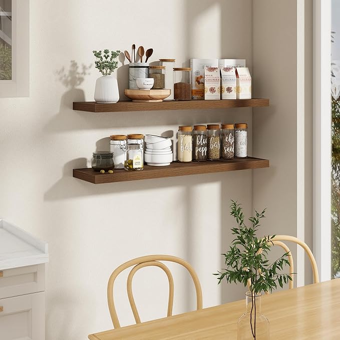 Fun Memories 48 Inch Floating Shelves, 9.3 Inch Deep Wall Shelves for Bathroom, Living Room, Bedroom, Kitchen, Deep Long Shelf Wall Mounted 1 Pack Shelf for Books, Decor, Walnut