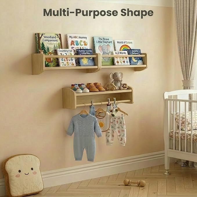 Nursery Bookshelf Set of 2, 16” Nursery Book Shelves Wall Mounted, Wooden Floating Shelves for Nursery Wall, Baby Book Shelf for Nursery, Kids Wall Bookshelf Organizer with Support Rod, Space Saving