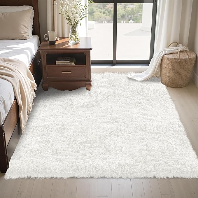 4x6 Area Rug for Living Room:Ultra Soft Fluffy Shag White Rugs,Large Fuzzy Plush Indoor Non Slip Carpet Washable Rug for Bedroom Kids Nursery Office Dorm Modern Decor(White 4'x6')