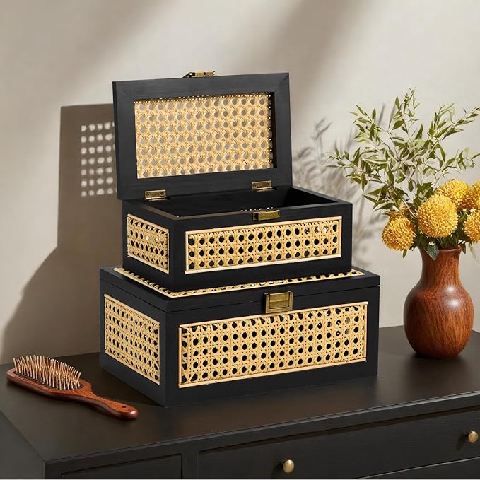 Rattan Storage Boxes Decorative Handmade Natural Wood Baskets with Lid Wooden Frame Boho Rustic Wicker Box Stacking Woven Cane Bins Shelf Closet Desk Organizer Container (Black, Small)