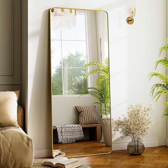 Gold Full Length Mirror 26 x 71 Inch Nano Floor Mirrors with Stand Rounded Corner Full Body Mirrors with Aluminum Alloy Frame for Bedroom Living Room Checkroom