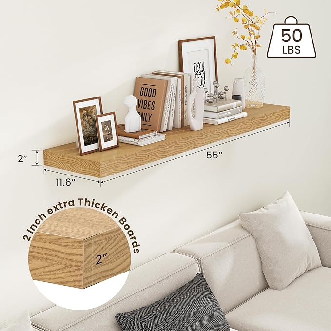 FLYJOE 12 Inch Deep Floating Shelves | 55 Inch Oak Floating Shelves | 55" W x 12" D Rustic Wood Shelves for Wall | Deep Oak Shelves for Living Room Bathroom Laundry Room Kitchen