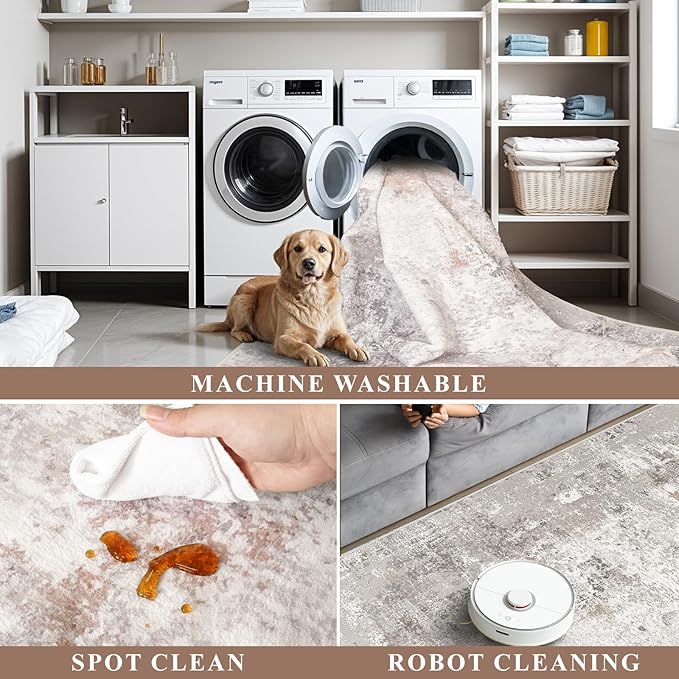 2x6 Washable Non-Slip Hallway Runner Rug – Modern Abstract Soft Carpet Runner for Kitchen, Bedroom with Rubber Backing – Low-Pile Thin Stain-Resistant Rug for Laundry Room, Entryway – Beige/Grey