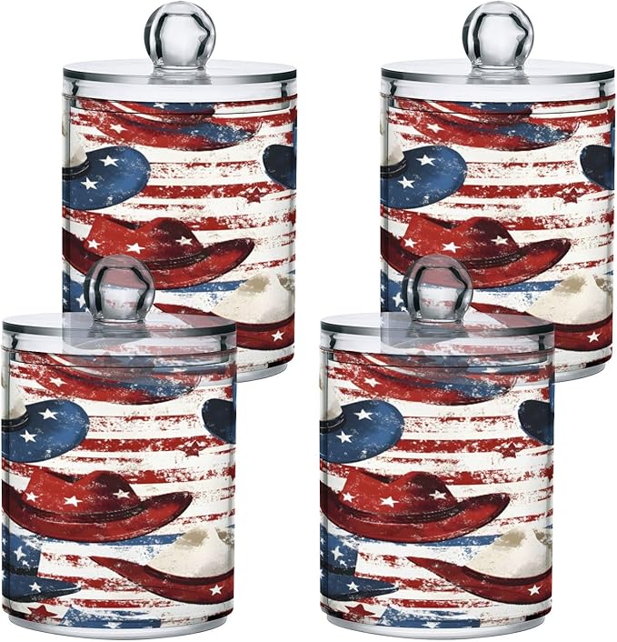 Nander 2Pack American Flag Style Cowboy Hat Qtip Holder Dispenser -Clear Plastic Apothecary Jars Set - Restroom Bathroom Makeup Organizers Containers for Cotton Swab, Ball, Pads, Floss