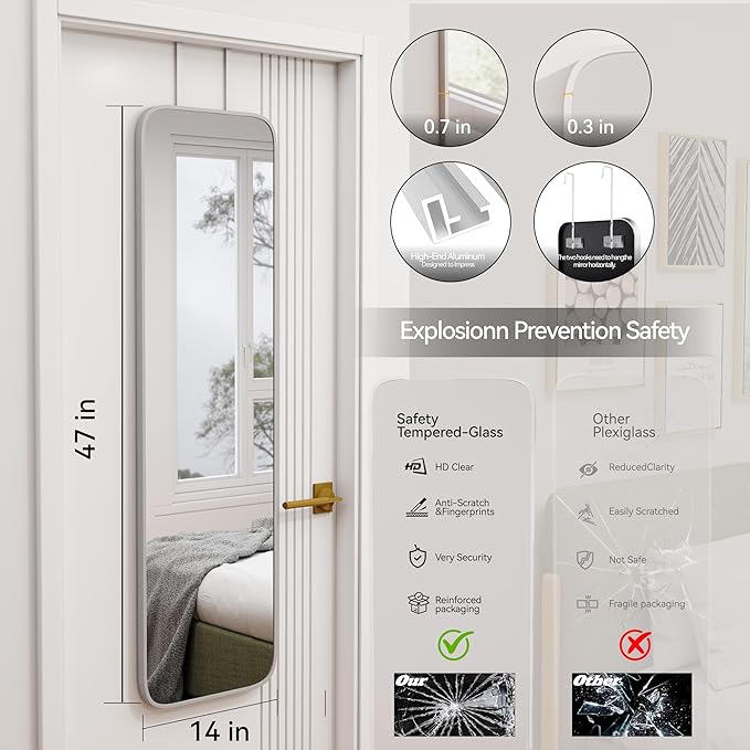 SCWF-GZ 47x14 Mirror Rectangle Full Body Length Door Hanging Wall Mounted Aluminum Alloy Metal Frame Dressing Make-up Mirrors for Entryway Bedroom Bathroom Living Room 47 14 inch Silver