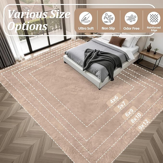 6x9 Area Rugs for Living Room Bedroom: Ultra Soft Fluffy Shag Rug Upgrade Non-Slip Non-Shedding Large Fuzzy Plush Carpet Indoor Floor Carpets for Kids Room Playroom Nursery Dorms Home Decor Beige