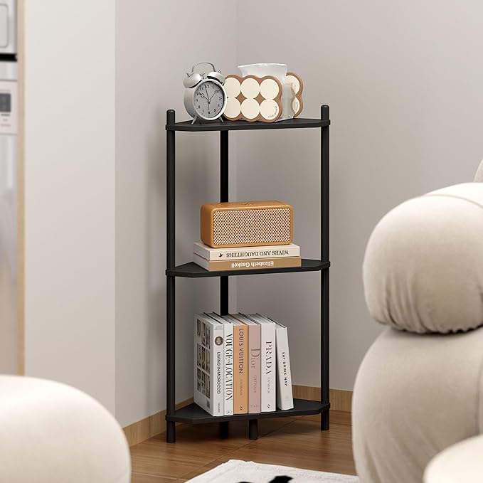 Corner Shelf Stand - 3 Tier Bamboo Small Corner Bookshelf for Office Kitchen Bedroom Plant Stand Living Room Decor Small Space (Black, 3 Tier)