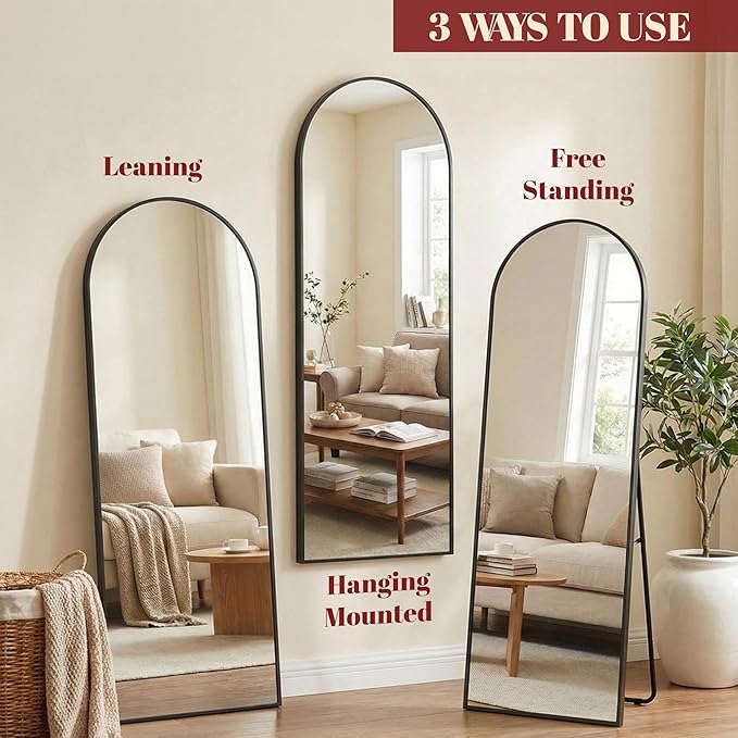 Suidia 59"x18" Arched Full Length Mirror with Stand, Full Body Mirror with Aluminum Frame, Freestanding/Leaning/Wall-Mounted, Floor Mirrors for Bedroom, Living Room, Entryway, Dressing Room, Black