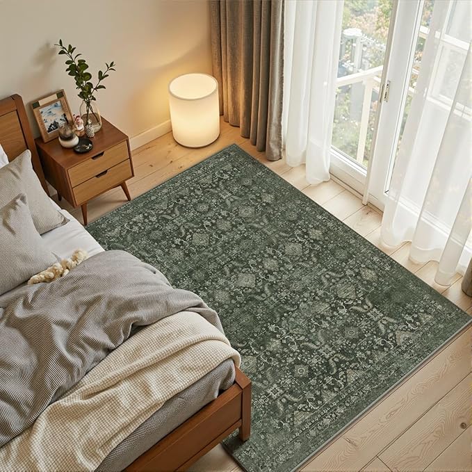Rugxara 3x5 Rug for Entryway Bedroom, Green 3x5 Washable Area Rug, Vintage Retro Boho Throw Rug, Non Slip & Low Pile Small Carpet for Indoor Entry, Kitchen, Bedside, Living Room, Bathroom and Dining